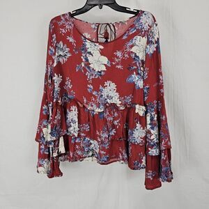 Altar'd State Women's  Size Medium Red Floral Ruffle Blouse Bell Sleeve Tie Neck